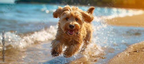 Happy Dog Running on Beach During Summer