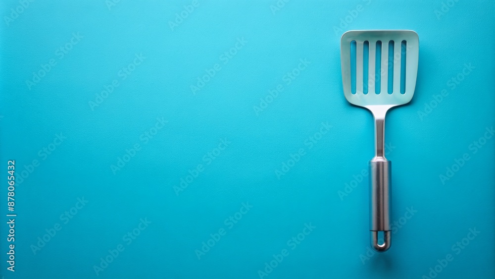 Vibrant light blue background highlights a solitary, expertly placed, stainless steel spatula pointing right, sans human presence. Vibrant light blue background highlights a solitary, expertly placed, stainless steel spatula pointing right, sans human presence.