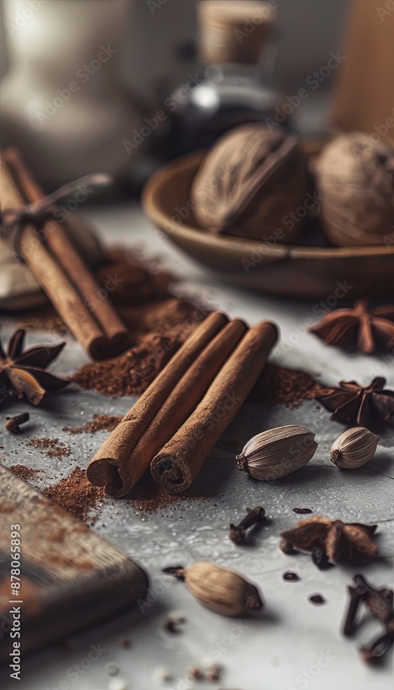 Close-up view of cinnamon sticks, nutmeg, cloves, and vanilla pods arranged on a kitchen countertop, ready for baking. Close-up view of cinnamon sticks, nutmeg, cloves, and vanilla pods arranged on a kitchen countertop, ready for baking.