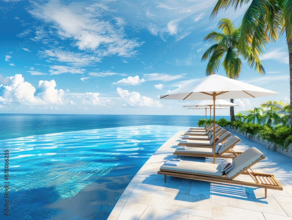 Obraz premium An exquisite beachfront resort with a luxurious swimming pool, palm trees, and a spectacular view of the ocean, ideal for a tranquil and indulgent vacation experience.