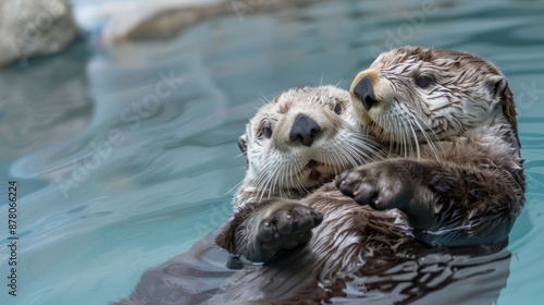  A few otters swim in a pool, touching the backs of others' heads with their paws