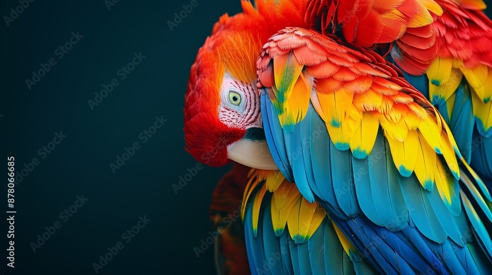 Obraz premium A tight shot of a multi-hued parrot perched atop companion parrot's back