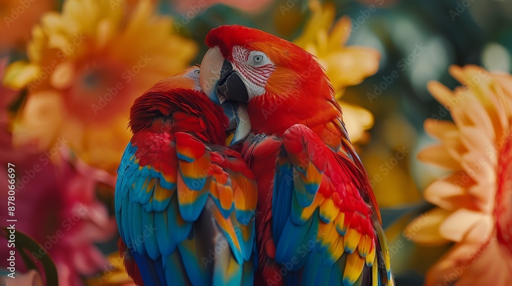 Obraz premium A red-and-blue parrot perches atop a vibrant, yellow-and-red flower-filled field The field is adorned with numerous yellow and red blooms