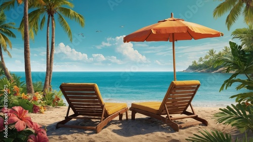 Wallpaper Mural A picturesque tropical beach featuring two lounge chairs under an umbrella, surrounded by palm trees and vibrant flowers, overlooking clear blue waters.
 Torontodigital.ca