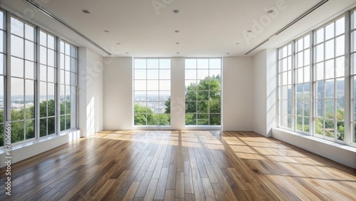 Minimalist white room with wooden floor and large window offers a clean template for product showcase and branding design. © DigitalArt Max