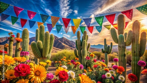 Vibrant festive scene with colorful flowers and flags against a desert cactus background, capturing the essence of Mexican celebration. photo