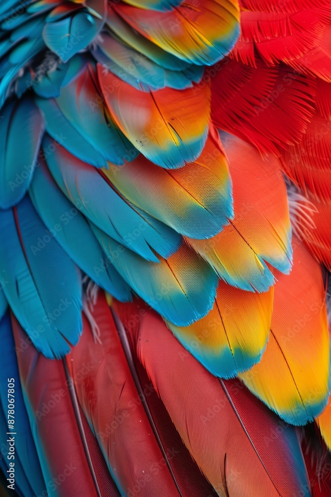 Obraz premium A tight shot of a multicolored bird's vibrant feathers featuring shades of blue, yellow, red, and orange