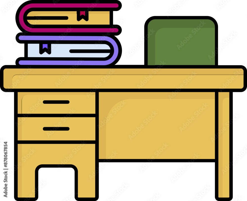 Teacher Desk with Chair Icon in Flat Style. Teacher Desk with Chair Icon in Flat Style.