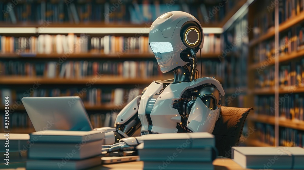 Fototapeta premium Robot learning with laptop and books focusing on AI big data and deep learning concept