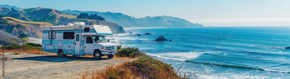 A cozy recreational vehicle parked at a serene picnic spot with a breathtaking view of the ocean and majestic mountains in the background, offering the perfect getaway for nature lovers and travelers. A cozy recreational vehicle parked at a serene picnic spot with a breathtaking view of the ocean and majestic mountains in the background, offering the perfect getaway for nature lovers and travelers.