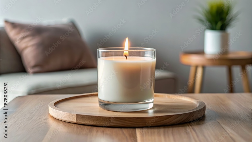Sleek glass jar soy candle with wooden wick sits alone on a minimalist coffee table against a clean white background. Sleek glass jar soy candle with wooden wick sits alone on a minimalist coffee table against a clean white background.