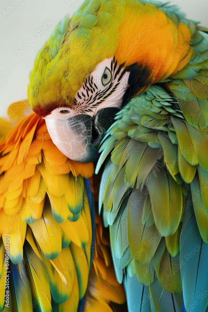Fototapeta premium A tight shot of a parrot's face reveals a white and blue banding at its back end
