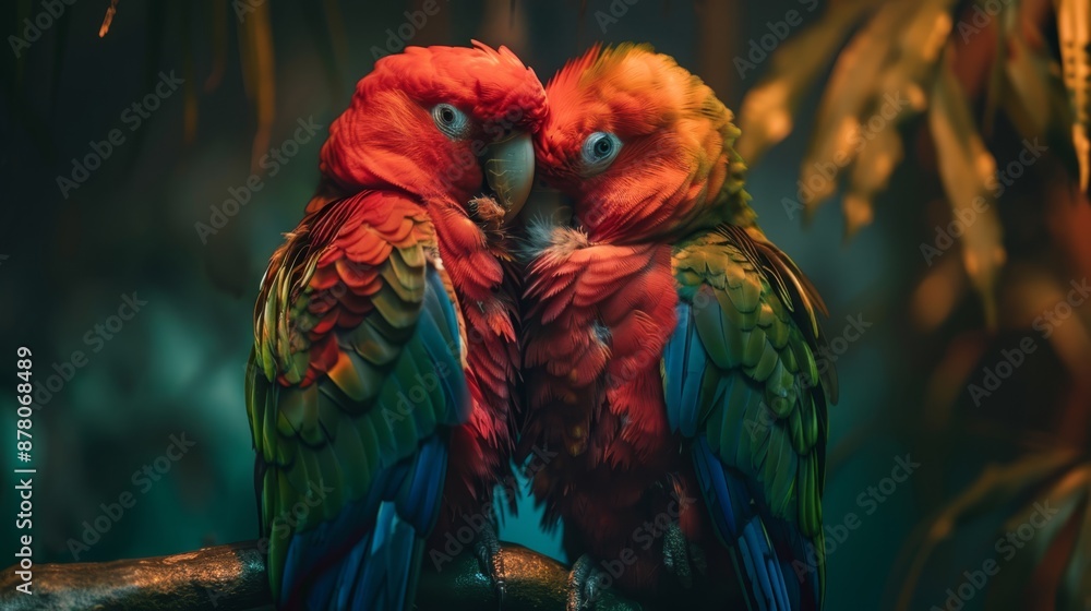 Fototapeta premium Two vibrant parrots touch beaks while perched on a jungle branch