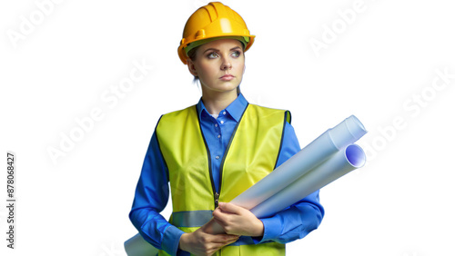 Female Architect Holding Blueprints Wearing Safety Helmet and Vest photo