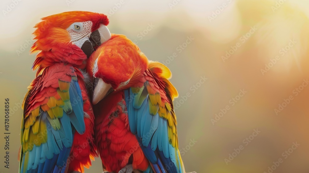 Obraz premium Two vibrant parrots perch atop a wooden plank against a hazy backdrop
