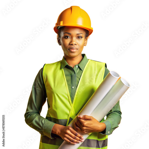 Confident Female Engineer Holding Blueprints in Safety Gear photo