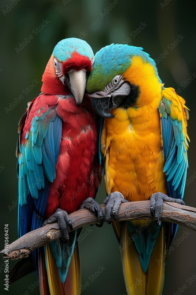 Colorful birds perched side by side on a tree branch Colorful birds perched side by side on a tree branch