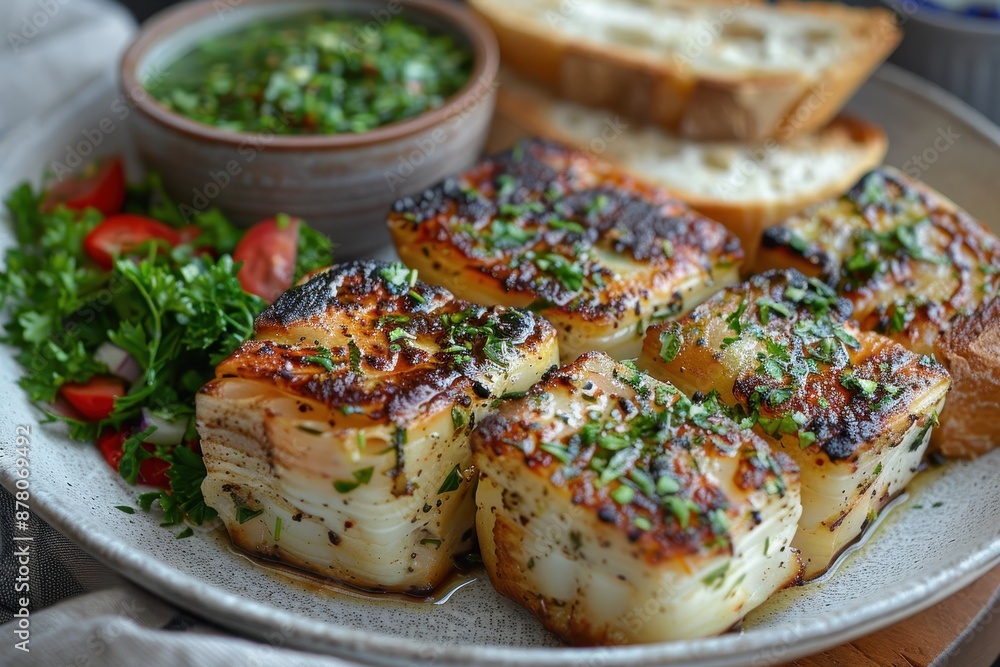 A plate of roasted bone marrow, served with a side of parsley salad and toasted bread. A plate of roasted bone marrow, served with a side of parsley salad and toasted bread.