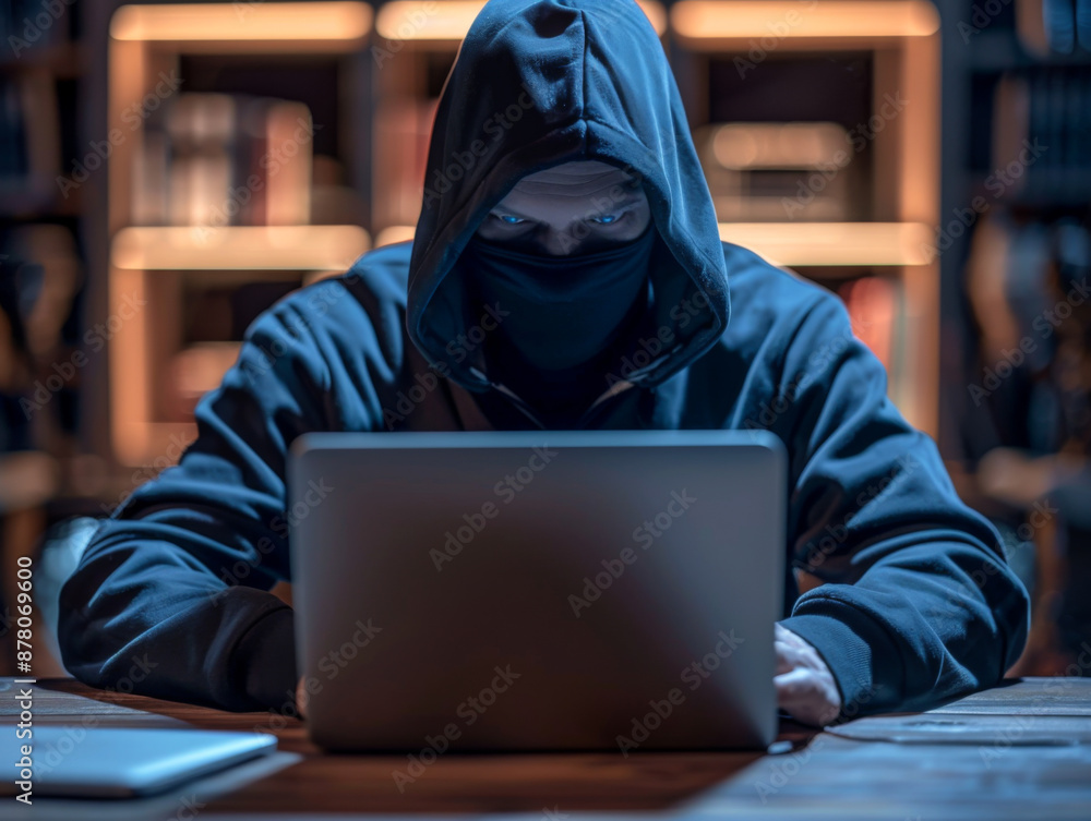 darkened hacker person hidden behind a dark hood and sitting at a laptop darkened hacker person hidden behind a dark hood and sitting at a laptop
