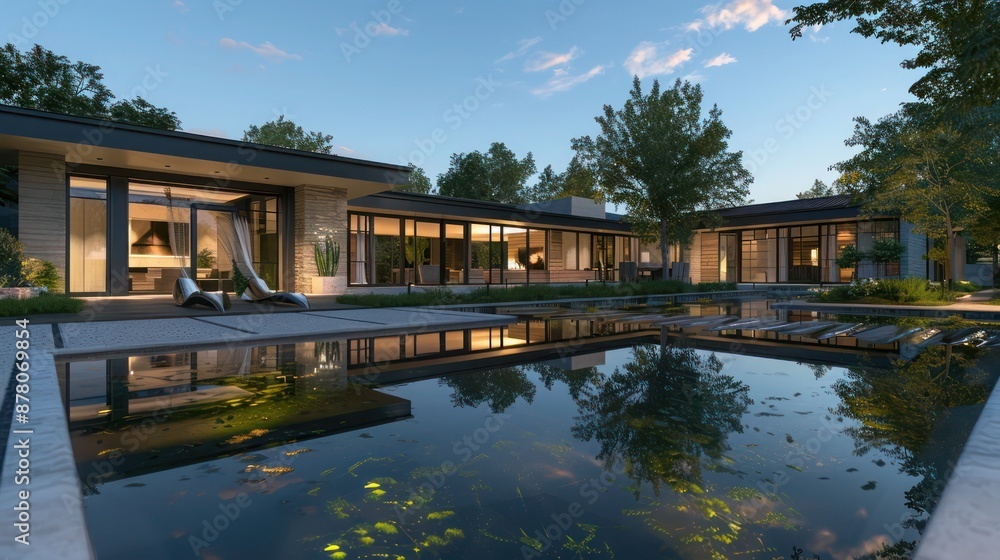 Modern ranch with a reflective pool in the front yard, designed as a modern interpretation of a traditional moat Modern ranch with a reflective pool in the front yard, designed as a modern interpretation of a traditional moat