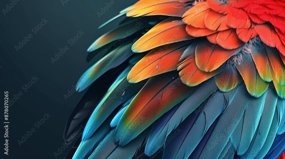 Fototapeta premium A detailed view of a multicolored bird's wing against a blue backdrop