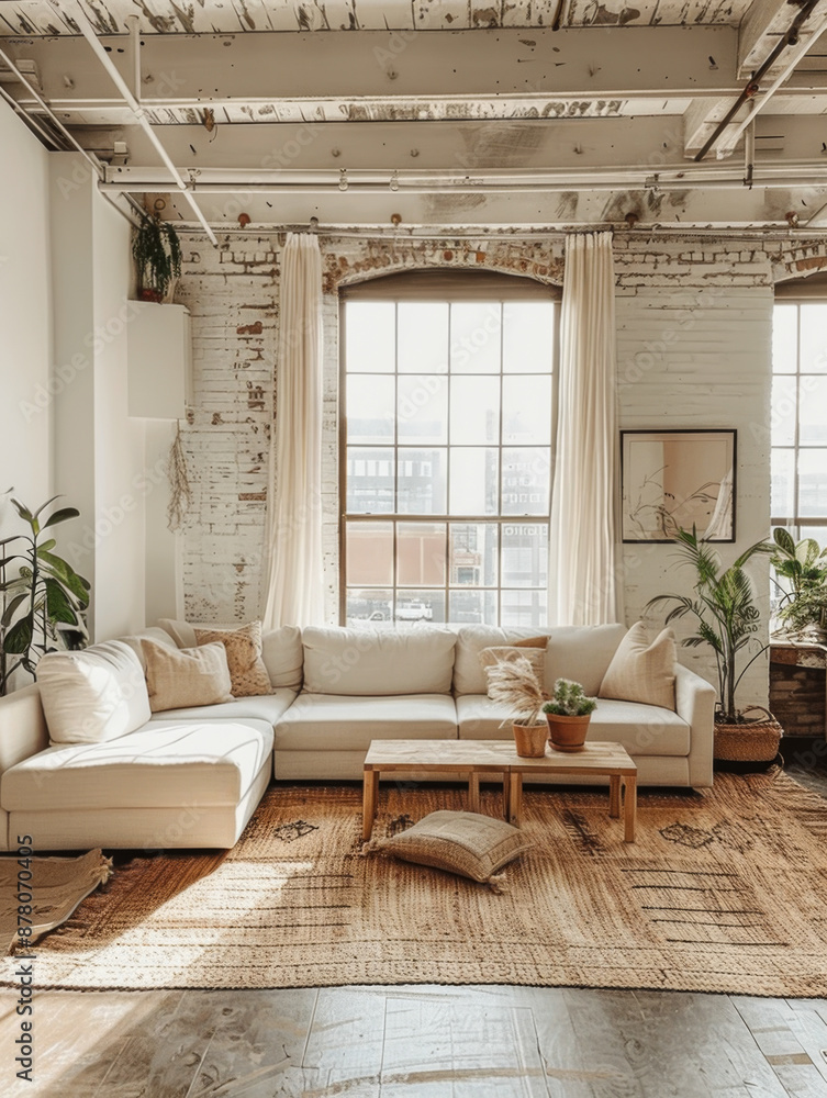 Fototapeta premium office warm design with large windows letting in soft, natural light
