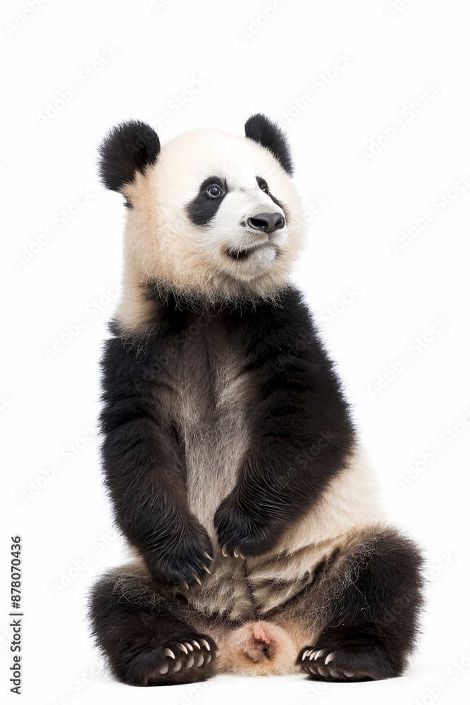 A serious-looking panda in black and white, seated on haunches and gazing at the camera A serious-looking panda in black and white, seated on haunches and gazing at the camera