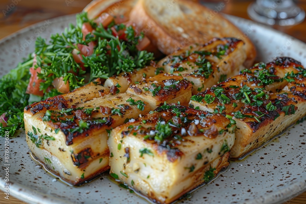 A plate of roasted bone marrow, served with a side of parsley salad and toasted bread. A plate of roasted bone marrow, served with a side of parsley salad and toasted bread.