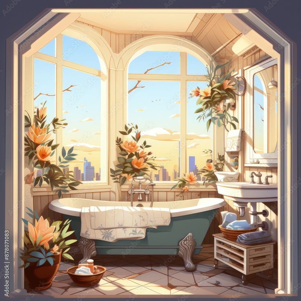 Fototapeta premium Bathroom Decor with Natural Sunlight and Flowers in 4K