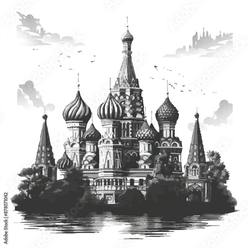 A black and white moscow, russia vector art logo design