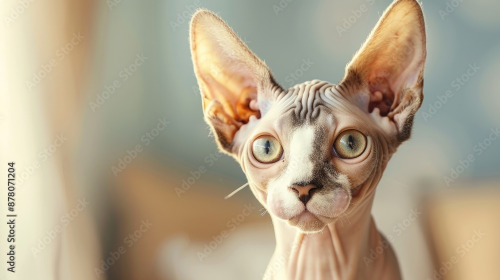 Closeup of adorable Sphynx cat at home with room for text Closeup of adorable Sphynx cat at home with room for text