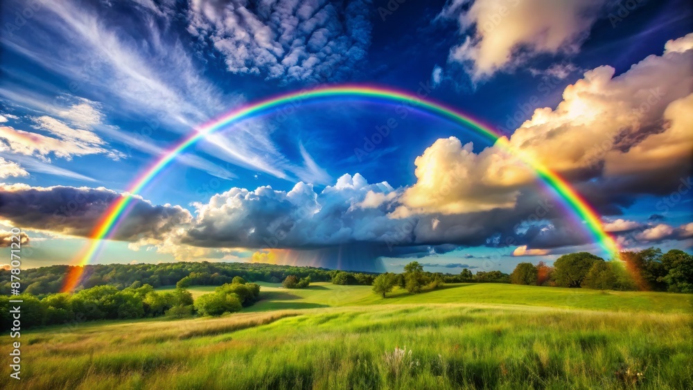Vibrant rainbow stretches across serene blue sky, surrounded by wispy white clouds, casting warm sunbeams on lush green landscape below. Vibrant rainbow stretches across serene blue sky, surrounded by wispy white clouds, casting warm sunbeams on lush green landscape below.