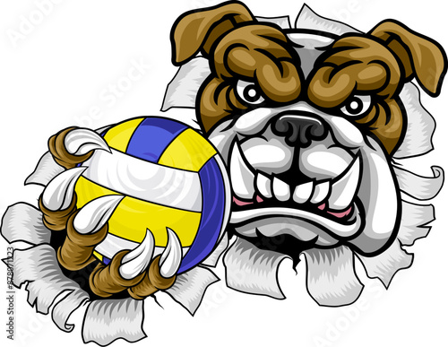A bulldog dog volleyball animal sports mascot holding a volley ball in his claw