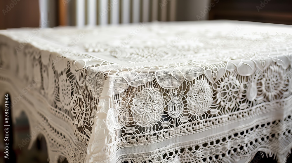Elegant lace tablecloth with intricate patterns, perfect for adding sophistication and charm to any dining.