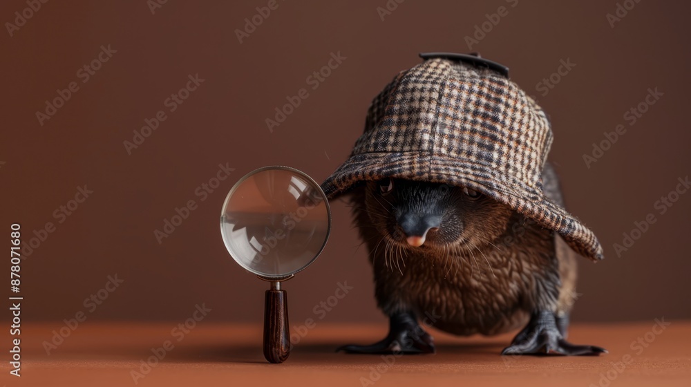 Fototapeta premium A bird holding a hat and peering at a magnifying glass inside another magnifying glass