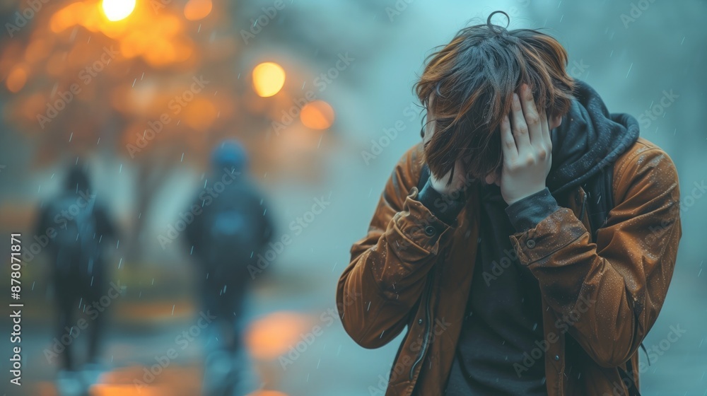 A person holding their head with both hands, with a backdrop of blurred figures and noise, conveying the sense of being overwhelmed and unable to concentrate due to burnout A person holding their head with both hands, with a backdrop of blurred figures and noise, conveying the sense of being overwhelmed and unable to concentrate due to burnout