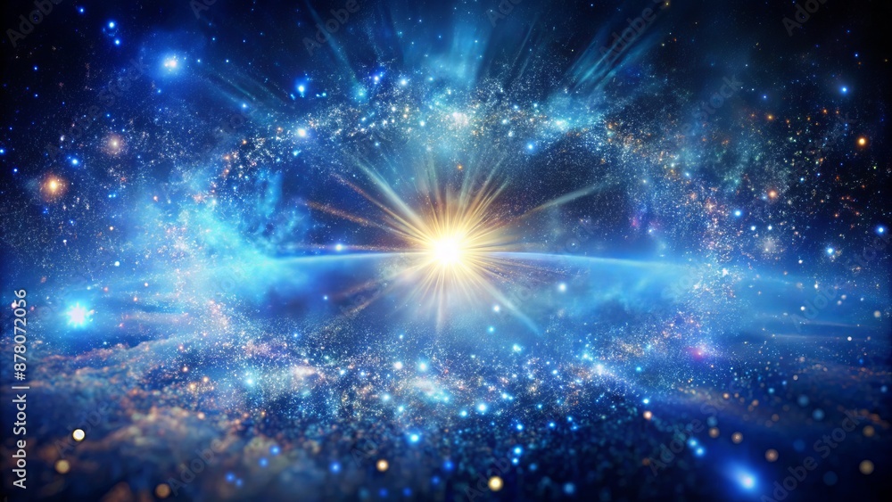 Celestial explosion of iridescent blue dust swirling amidst glittering stardust, surrounded by an ethereal aura of shimmering galactic particles. Celestial explosion of iridescent blue dust swirling amidst glittering stardust, surrounded by an ethereal aura of shimmering galactic particles.