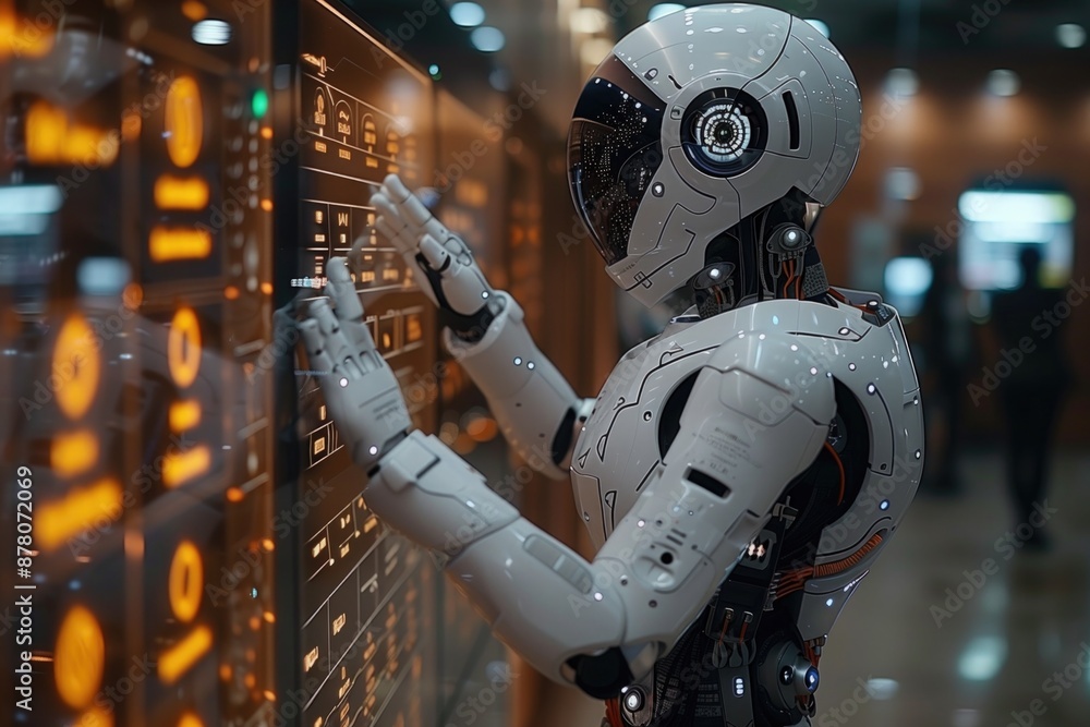 Fototapeta premium A sleek, humanoid AI robot interacting with a digital interface, showcasing the seamless integration of robotics in daily tasks.