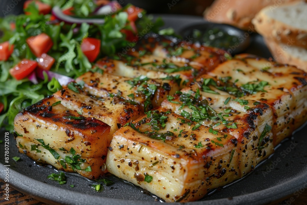 A plate of roasted bone marrow, served with a side of parsley salad and toasted bread. A plate of roasted bone marrow, served with a side of parsley salad and toasted bread.