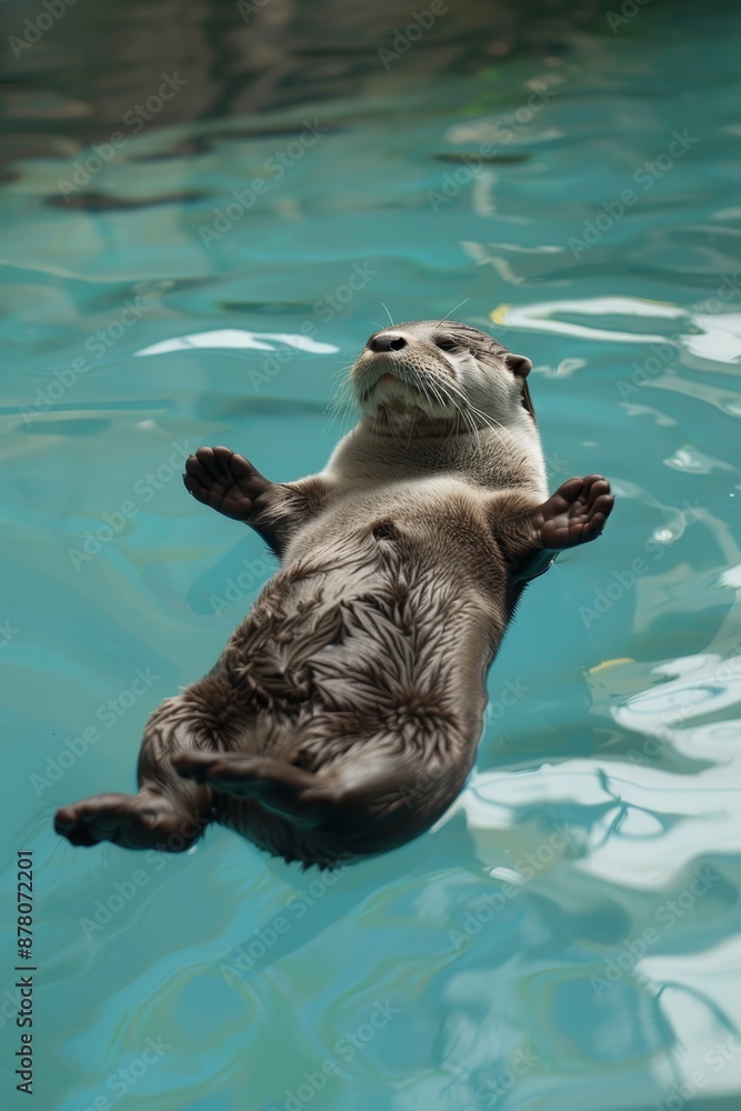 Fototapeta premium A sea otter floats in the water, paws elevated above the surface, head raised above the waves