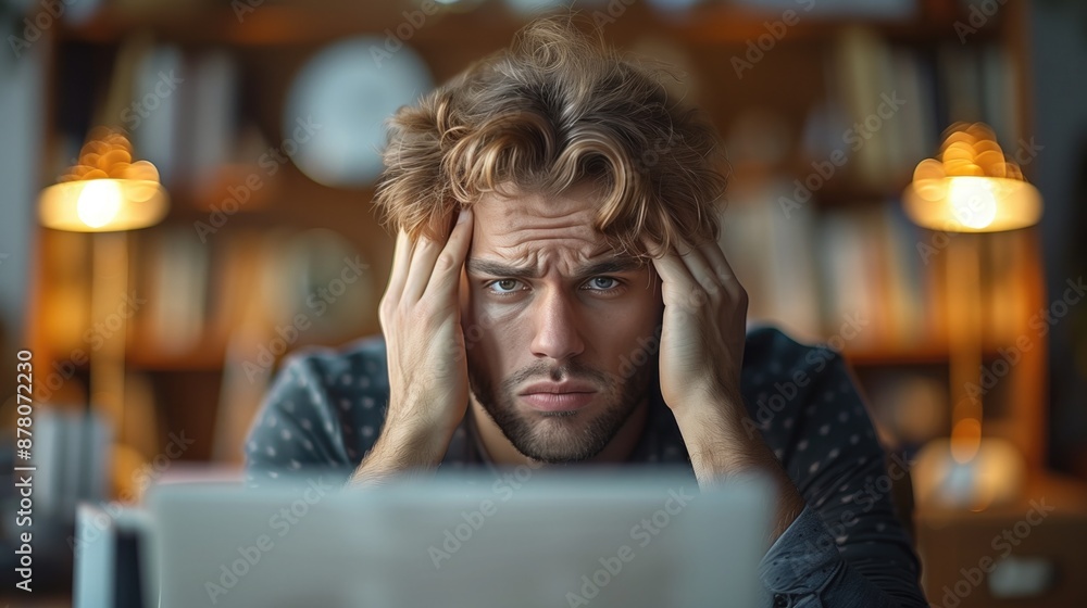An office worker sitting at their desk, rubbing their temples with a pained expression, indicating a severe headache caused by work stress An office worker sitting at their desk, rubbing their temples with a pained expression, indicating a severe headache caused by work stress