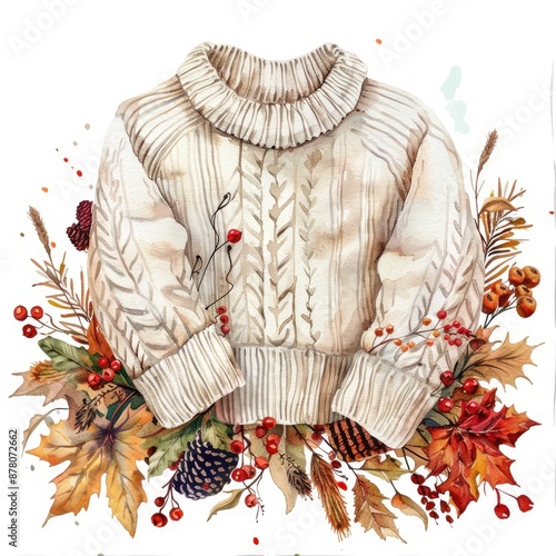 A detailed watercolor painting of a cozy, cream-colored sweater surrounded by autumn leaves, berries, and pinecones photo