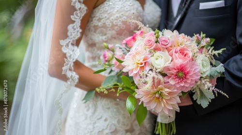 Pink flowers complement white bridal attire of bride and groom