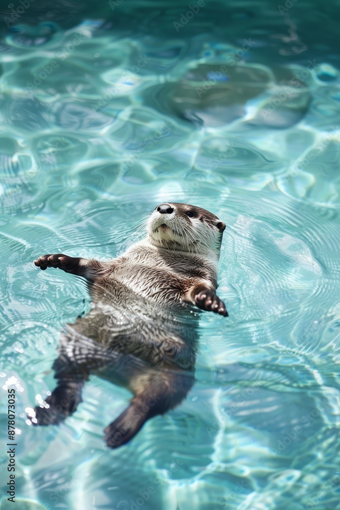 Obraz premium A sea otter floats on a pool's surface, head lifted high, gazing at the sky