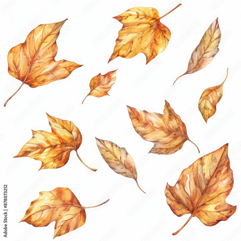 Obraz premium Watercolor illustration of various autumn leaves in shades of orange and brown scattered on a white background