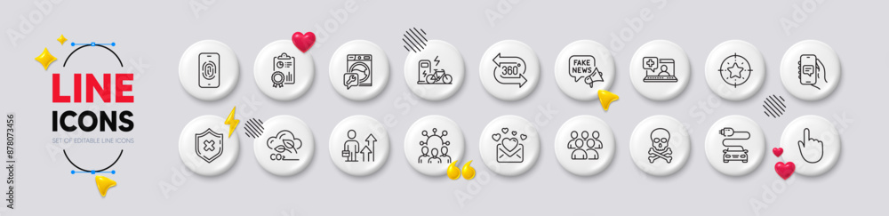 Star target, Car charge and Reject protection line icons. White buttons 3d icons. Pack of Chat app, Love mail, Fake news icon. Co2 gas, Fingerprint, Inspect pictogram. Vector Star target, Car charge and Reject protection line icons. White buttons 3d icons. Pack of Chat app, Love mail, Fake news icon. Co2 gas, Fingerprint, Inspect pictogram. Vector