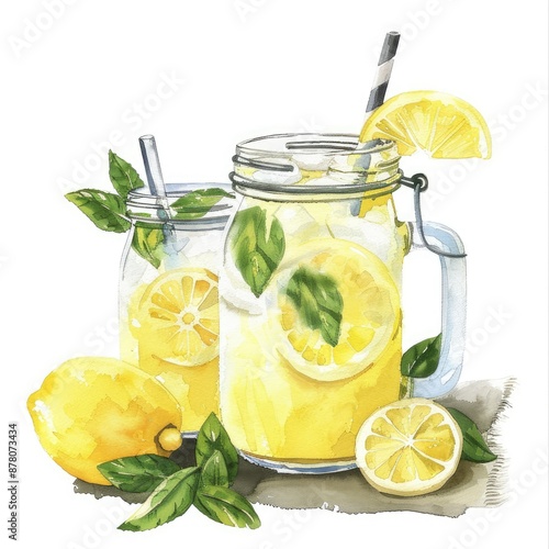 A watercolor illustration of two mason jars filled with refreshing lemonade, garnished with lemon slices and mint leaves, representing summer and freshness © Vodkaz