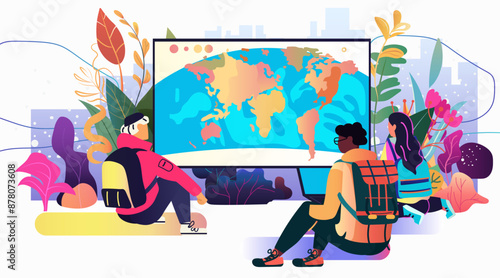 People group studying world map community education outdoor learning colorful plants cityscape background