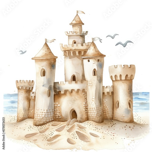 A watercolor illustration of a grand sandcastle on the beach, accompanied by seagulls and ocean waves, evoking a fun seaside atmosphere photo