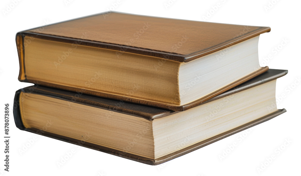 Two brown leather-bound books stacked, cut out - stock png. Two brown leather-bound books stacked, cut out - stock png.